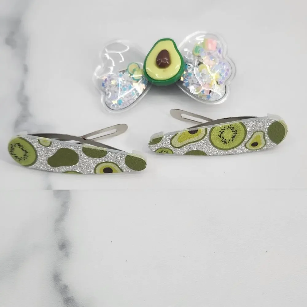 3 pc Avocado Theme Hair Accessories Glittery Bow with Avocado Charm & Snap Clips
